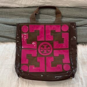 Tory Burch Pink and Brown canvas and patent leather Tote Bag
